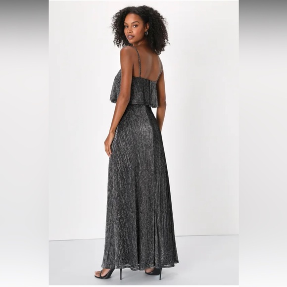 Lulus Elegant Shimmer Shiny Black and Silver Plisse Maxi Dress - Picture 4 of 13